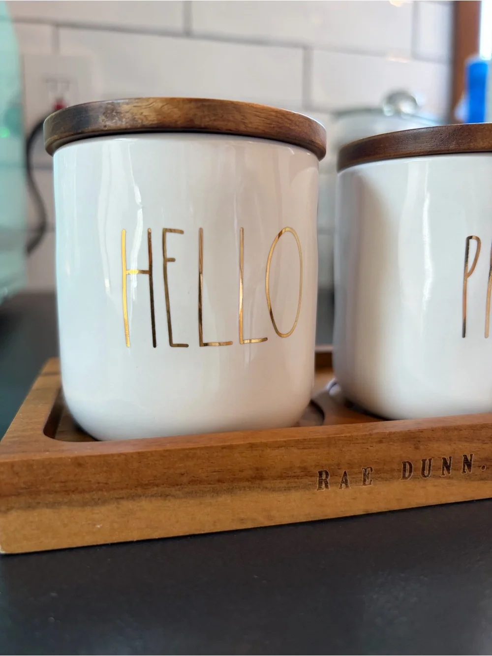 Rae Dunn Farmhouse Trinket Jars Gold 'HELLO' 'PRETTY' Set w Wooden Tray new